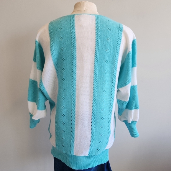 80s Vintage SEARS Teal and White Women's Knit Top 3/4 Length Sleeve Sweater - Picture 6 of 12